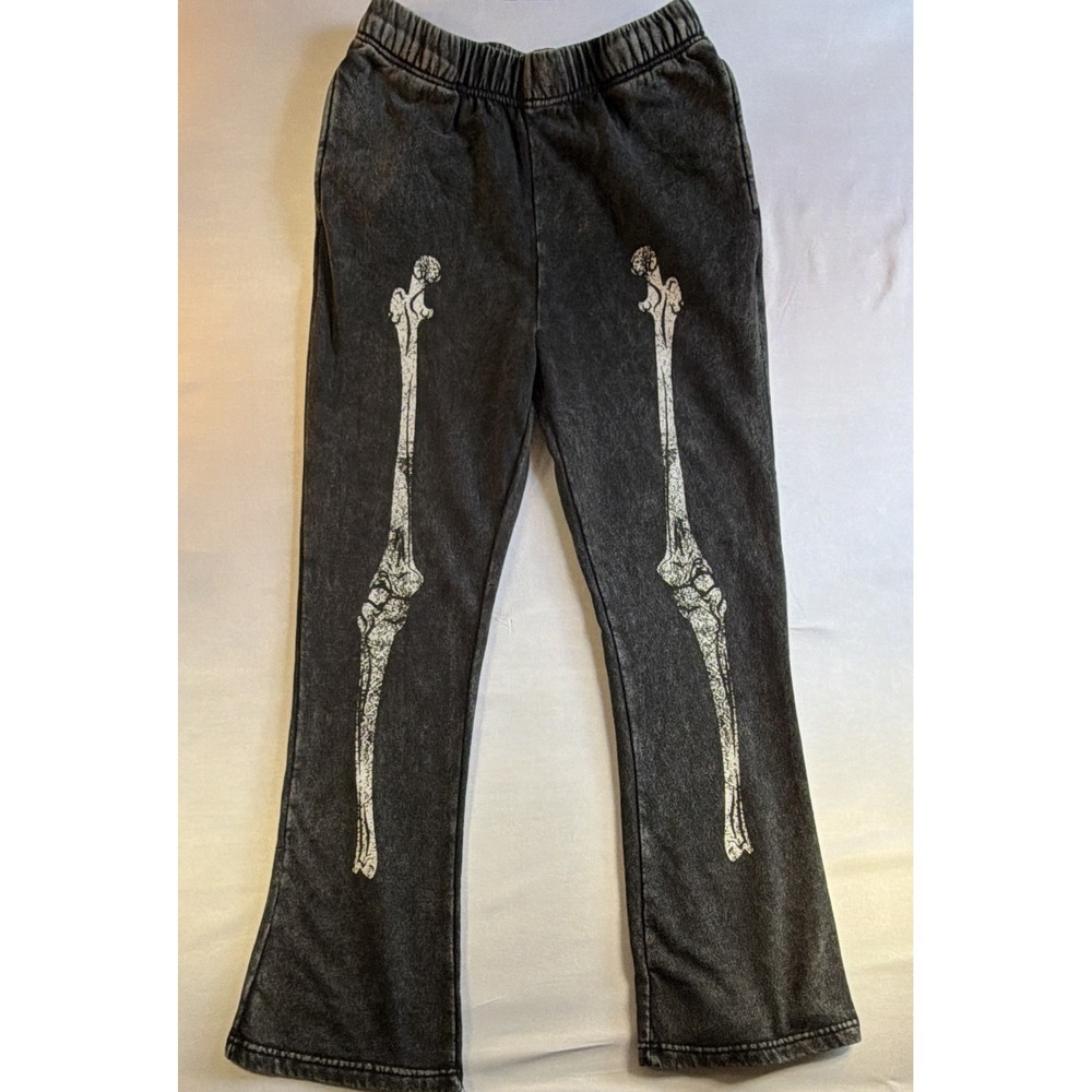 Hills & Valleys L Black/White Skeleton Bone Graphic Fleece Leggings Elastic